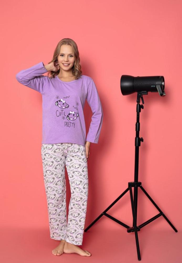 Pijama damă vătuită cu mânecă lungă și pantaloni lungi din bumbac, imprimeu Cute, Pretty, Engros